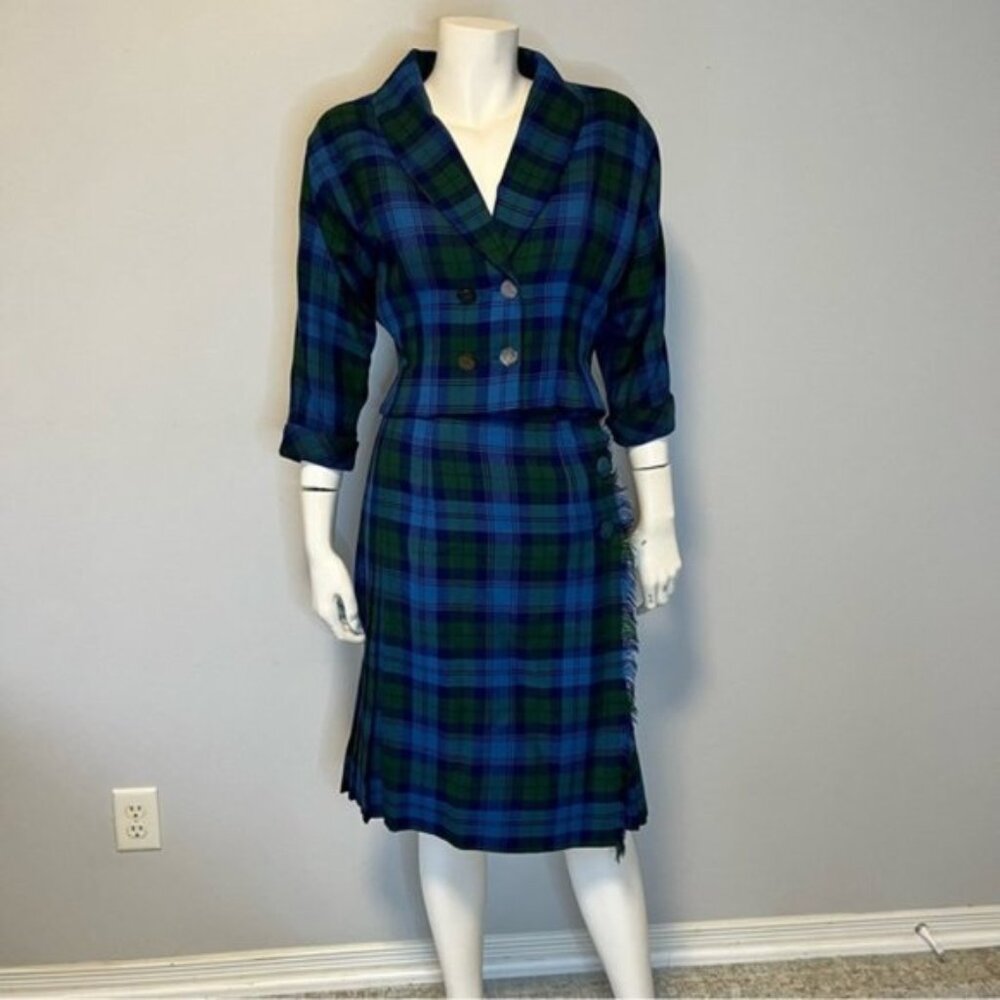 Vintage Two Piece set Blue Green Blazer Top with Pleated Tartan Skirt Size Small